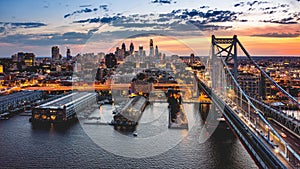 Aerial panorama with Ben Franklin Bridge and Philadelphia skyline