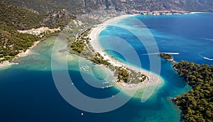 Aerial panorama of Blue Lagoon in Oludeniz, Turkey