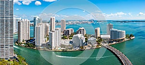 Aerial panorama of Brickell Key in Miami, Florida