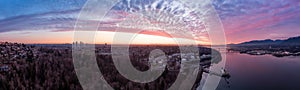 Aerial Panorama of Burnaby, Vancouver, during sunset