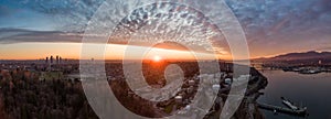 Aerial Panorama of Burnaby, Vancouver, during sunset