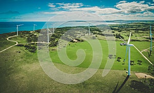 Aerial panorama of Cape Bridgewater wind farm, Victoria, Australia.