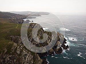 Aerial panorama of cape Punta de o Brual atlantic ocean cliff coast San Xiao Vilarrube Valdovino A Coruna Galicia Spain