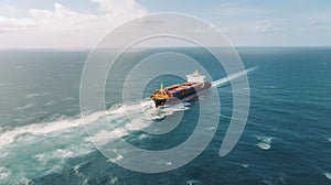 Aerial panorama of a cargo ship carrying container for import and export, business logistic and transportation in open sea.