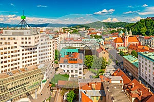 Aerial panorama of the center of Ljubljana on a summer evening, Slovenia