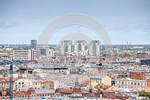 Aerial panorama of the center of riga, residential buildings and the old town of the city in background. Riga is the capital city