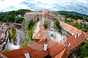 Aerial panorama of Cesky Krumlov Castle courtyard. South Bohemia