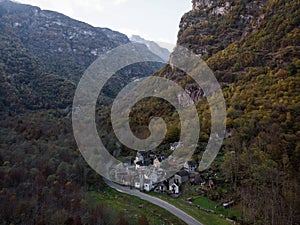 Aerial panorama of charming hamlet Ritorto rustico stone rock houses in nature Bavona Valley Ticino Switzerland alps photo