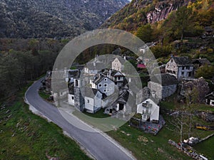 Aerial panorama of charming hamlet Ritorto rustico stone rock houses in nature Bavona Valley Ticino Switzerland alps photo