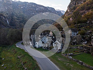 Aerial panorama of charming hamlet Ritorto rustico stone rock houses in nature Bavona Valley Ticino Switzerland alps photo