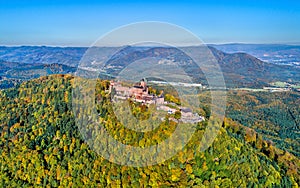 Aerial panorama of the Chateau du Haut-Koenigsbourg in the Vosges mountains. Alsace, France