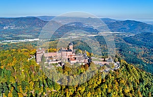 Aerial panorama of the Chateau du Haut-Koenigsbourg in the Vosges mountains. Alsace, France