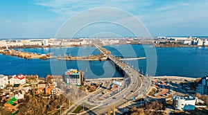Aerial panorama of Chernavsky bridge and Voronezh river in Voronezh city in sunny spring day
