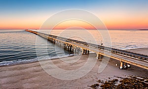 Aerial panorama of Chesapeake Bay Bridge Tunnel at sunset