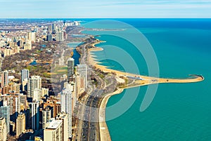 Aerial panorama of Chicago and Lake Michigan. North Avenue beach, USA