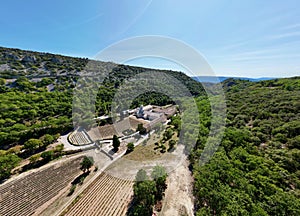 Aerial Panorama of Cistercian Abbey of Sénanque, Gordes: Lavender Fields & Vintage Charm in Provence, France