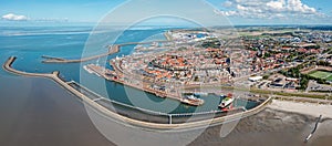 Aerial panorama from the city Harlingen at the IJsselmeer in the Netherlands