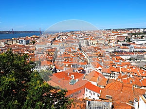 Aerial panorama of the city of Lisbon with view to Ponte 25 de Abril bridge
