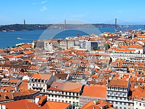 Aerial panorama of the city of Lisbon with view to Ponte 25 de Abril bridge