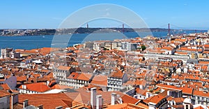 Aerial panorama of the city of Lisbon with view to Ponte 25 de Abril bridge