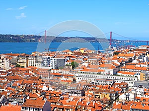 Aerial panorama of the city of Lisbon with view to Ponte 25 de Abril bridge