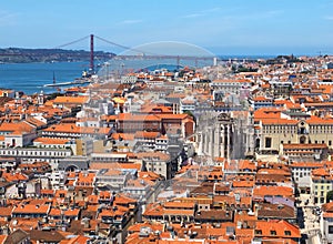 Aerial panorama of the city of Lisbon with view to Ponte 25 de Abril bridge