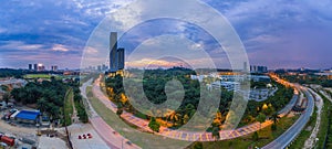 Aerial panorama cityscape of Cyberjaya,Malaysia. Drone Shot. Lim Kok Wing University. Oil palm forest