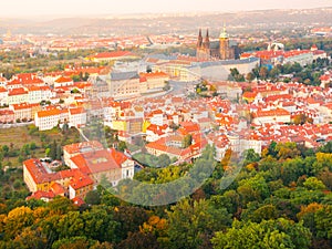 Aerial panorama cityscape view of Prague Castle in Hradcany from Petrin lookout tower, Czech Republic, Europe
