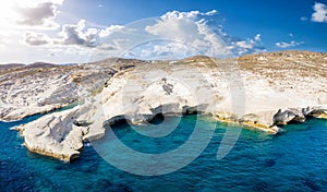 Aerial panorama of the coast at Sarakiniko Beach, Milos island, Greece