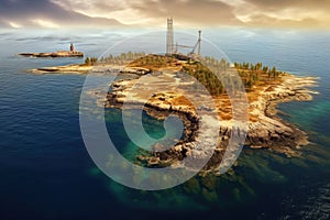 aerial panorama of a coastal oil field near the ocean