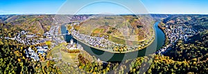 Aerial panorama of Cochem with the Reichsburg Castle and the Moselle river. Germany