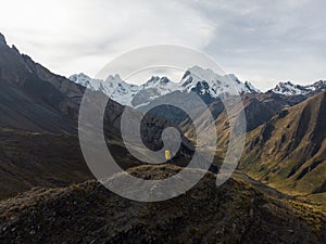 Aerial panorama of Cordillera Huayhuash Circuit mountain andes route from Jahuacocha lake to Pocpa village Ancash Peru