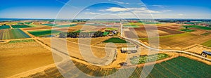 Aerial panorama of crop fields.