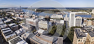 Aerial panorama of the downtown area of Savannah Georgia including the river and Talmadge Bridge