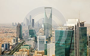 Aerial panorama of downtown of Riyadh city with skyscrapers of Al Olaya central business district, Al Riyadh, Saudi Arabia