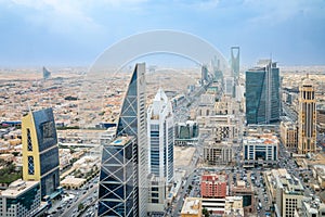 Aerial panorama of downtown of Riyadh city with skyscrapers of Al Olaya central business district, Al Riyadh, Saudi Arabia