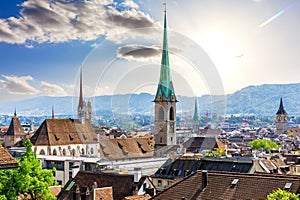 Aerial panorama on the downtown of Zurich at sunny day, Switzerland