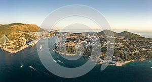 Aerial panorama drone shot of Dubrovnik bridge at Port Gruz in Lapad Adriatic sea in Croatia summer sunset