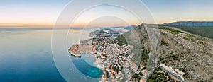 Aerial panorama drone shot of Dubrovnik with view of Mountain Srd in Croatia summer before sunrise
