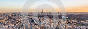 Aerial panorama drone shot of Neuilly sur Seine in Paris with Tour Eiffel Montparnasse Jardin acclimatation in Boulogne