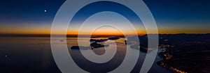 Aerial panorama drone shot of sunset horizon in Adriatic islands in Dubrovnik in Croatia summer