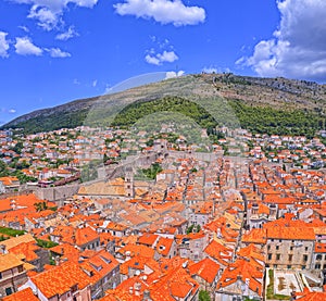 Aerial panorama of Dubrovnik old city and hill Srd