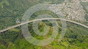 Aerial panorama of epic Stairway to Heaven hike on Hawaii island, Scenic highway