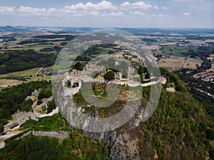 Aerial panorama of Hegau volcano mountain Hohentwiel fortress medieval hill castle ruins Singen Konstanz Germany