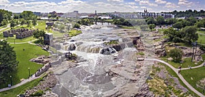 Aerial panorama of the falls in Sioux Falls, South Dakota and Falls Park