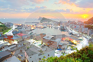 Aerial panorama of a fishing village Yehliu at dawn on northern coast of Taipei Taiwan ~