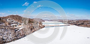 Aerial panorama of the frozen Cheat Lake Morgantown, WV with I68 bridge