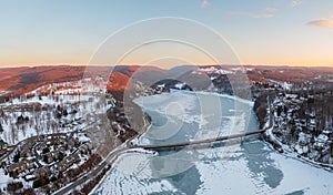 Aerial panorama of the frozen Cheat Lake Morgantown, WV looking upstream