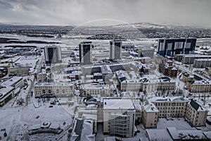 The aerial panorama of the frozen Selenga river and the Siberian city of Ulan-Ude, Buryatiya.