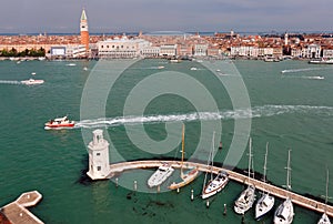 Aerial panorama of Giudecca Canal viewed from San Giorgio Maggiore Church in Venice, with the Campanile & Doge Palace in St Mark`s